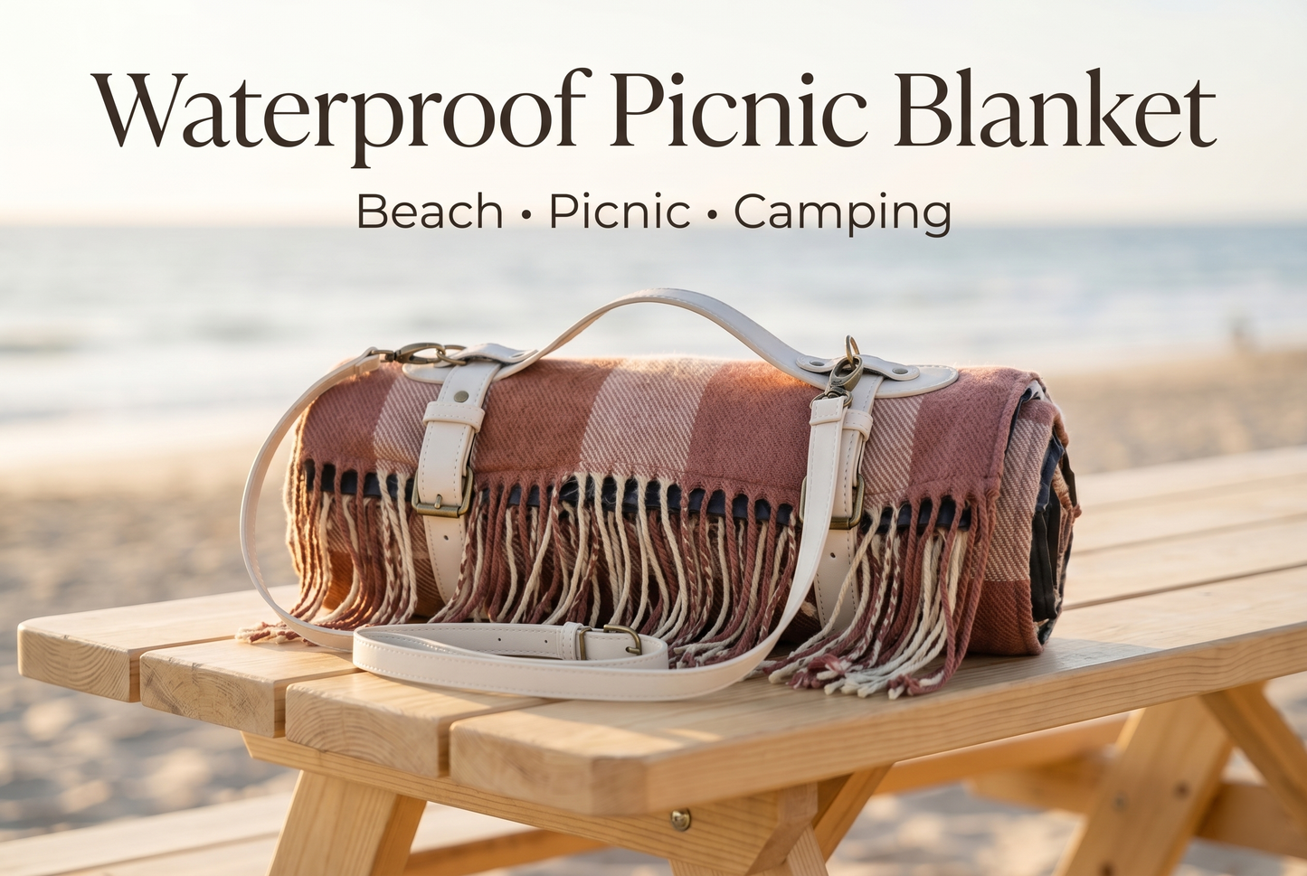 Faux Wool Tartan Picnic Blanket | Waterproof Camping Throw, Boho Tassel Design