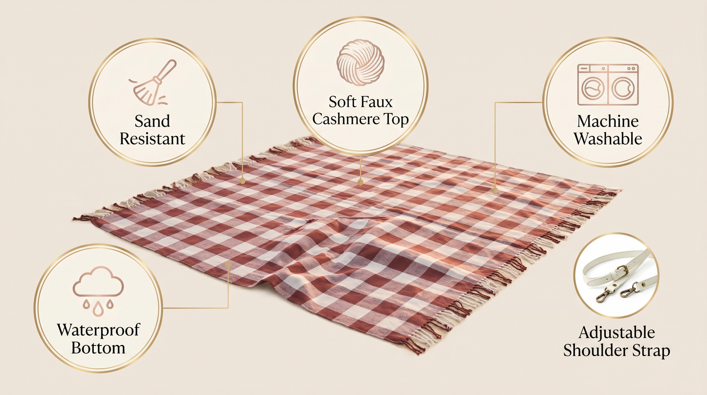 Faux Wool Tartan Picnic Blanket | Waterproof Camping Throw, Boho Tassel Design
