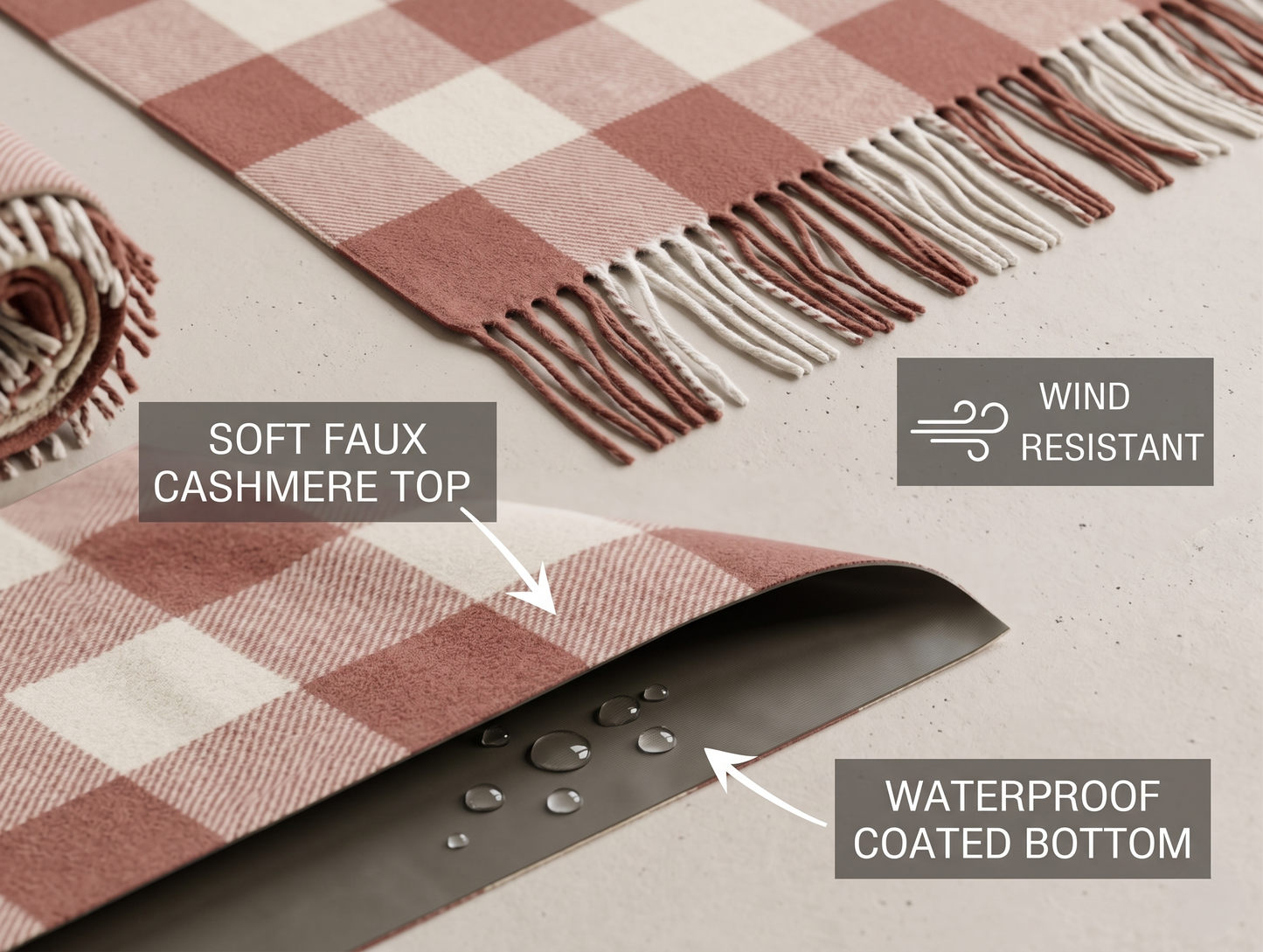 Faux Wool Tartan Picnic Blanket | Waterproof Camping Throw, Boho Tassel Design